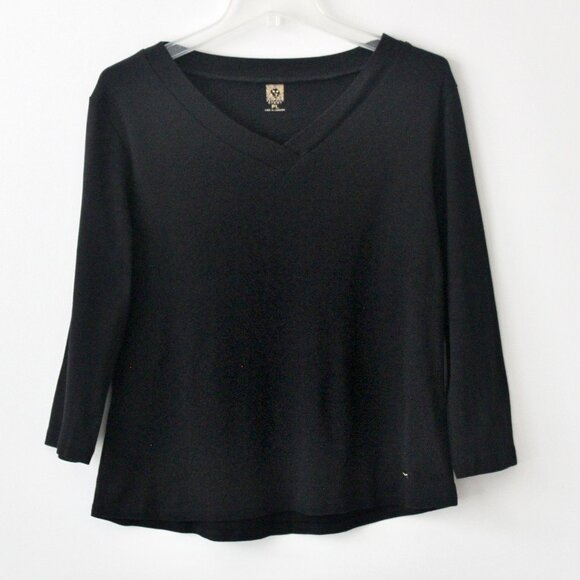 Anne Klein Sport 100% Cotton Black V-Neck 3/4 Sleeve Everyday Shirt Petite Large - Picture 1 of 6